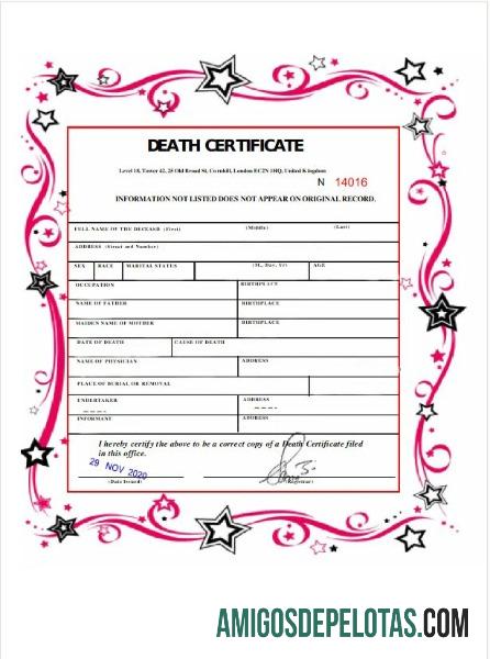 Certidão de Óbito do Cartório de Registro Geral do Reino Unido amostra